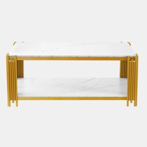 Mesa de centro 114 x 64 x 46 cm - retangular com pés de metal e tampo com efeito mármore, mobiliário moderno - branco e dourado