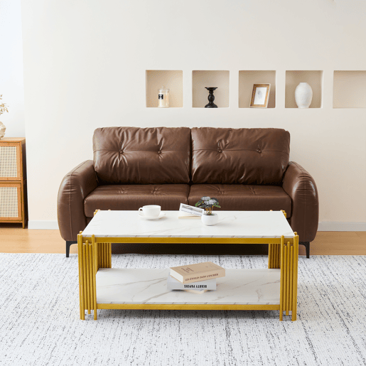 Mesa de centro 114 x 64 x 46 cm - retangular com pés de metal e tampo com efeito mármore, mobiliário moderno - branco e dourado Mesa de centro 114 x 64 x 46 cm - retangular com pés de metal e tampo com efeito mármore, mobiliário moderno - branco e dourado