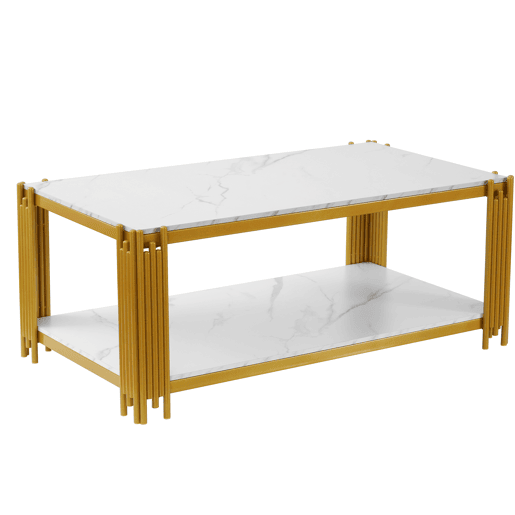 Mesa de centro 114 x 64 x 46 cm - retangular com pés de metal e tampo com efeito mármore, mobiliário moderno - branco e dourado Mesa de centro 114 x 64 x 46 cm - retangular com pés de metal e tampo com efeito mármore, mobiliário moderno - branco e dourado
