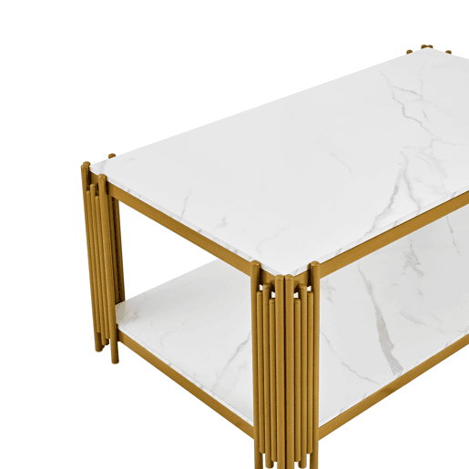 Mesa de centro 114 x 64 x 46 cm - retangular com pés de metal e tampo com efeito mármore, mobiliário moderno - branco e dourado Mesa de centro 114 x 64 x 46 cm - retangular com pés de metal e tampo com efeito mármore, mobiliário moderno - branco e dourado