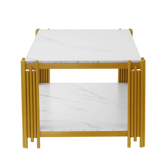 Mesa de centro 114 x 64 x 46 cm - retangular com pés de metal e tampo com efeito mármore, mobiliário moderno - branco e dourado Mesa de centro 114 x 64 x 46 cm - retangular com pés de metal e tampo com efeito mármore, mobiliário moderno - branco e dourado