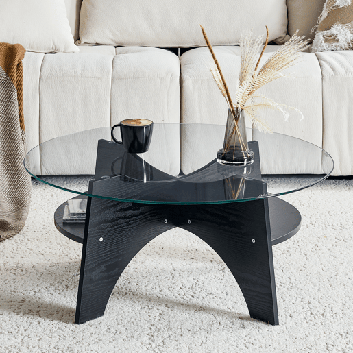 Mesa auxiliar redonda Ø80 cm - design multifuncional, vidro temperado, pernas em MDF preto Mesa auxiliar redonda Ø80 cm - design multifuncional, vidro temperado, pernas em MDF preto