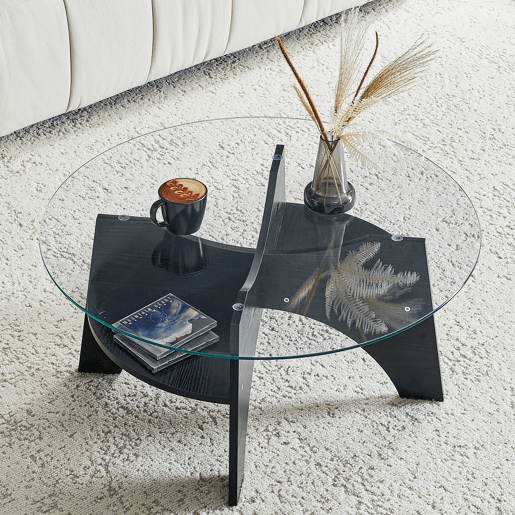 Mesa auxiliar redonda Ø80 cm - design multifuncional, vidro temperado, pernas em MDF preto Mesa auxiliar redonda Ø80 cm - design multifuncional, vidro temperado, pernas em MDF preto