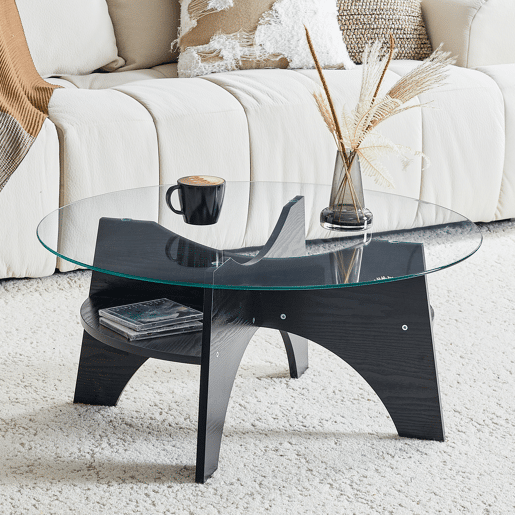 Mesa auxiliar redonda Ø80 cm - design multifuncional, vidro temperado, pernas em MDF preto Mesa auxiliar redonda Ø80 cm - design multifuncional, vidro temperado, pernas em MDF preto