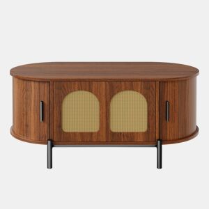 Mesa de centro oval 100 x 50 cm - portas de correr, acabamento com efeito de madeira, detalhes em rattan, pés metálicos, multifuncional com espaço de arrumação - nogueira