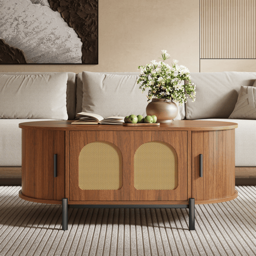 Mesa de centro oval 100 x 50 cm - portas de correr, acabamento com efeito de madeira, detalhes em rattan, pés metálicos, multifuncional com espaço de arrumação - nogueira