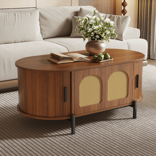 Mesa de centro oval 100 x 50 cm - portas de correr, acabamento com efeito de madeira, detalhes em rattan, pés metálicos, multifuncional com espaço de arrumação - nogueira