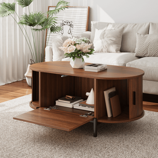 Mesa de centro oval 100 x 50 cm - portas de correr, acabamento com efeito de madeira, detalhes em rattan, pés metálicos, multifuncional com espaço de arrumação - nogueira