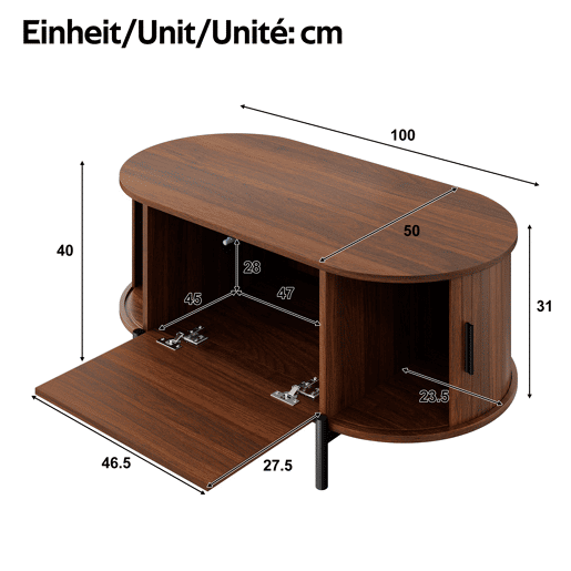 Mesa de centro oval 100 x 50 cm - portas de correr, acabamento com efeito de madeira, detalhes em rattan, pés metálicos, multifuncional com espaço de arrumação - nogueira