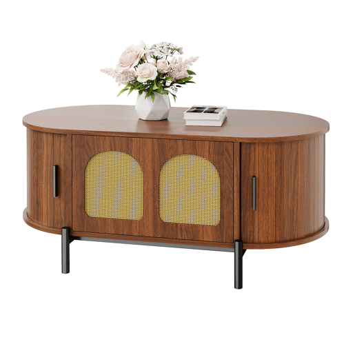 Mesa de centro oval 100 x 50 cm - portas de correr, acabamento com efeito de madeira, detalhes em rattan, pés metálicos, multifuncional com espaço de arrumação - nogueira