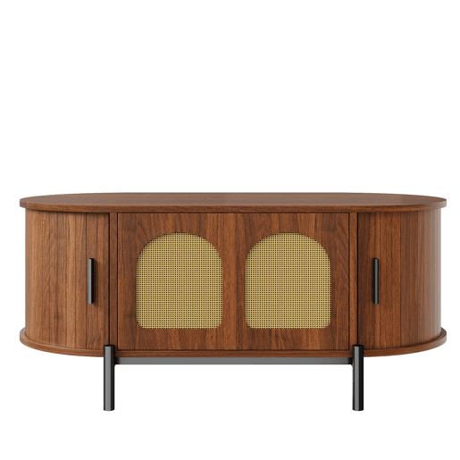 Mesa de centro oval 100 x 50 cm - portas de correr, acabamento com efeito de madeira, detalhes em rattan, pés metálicos, multifuncional com espaço de arrumação - nogueira