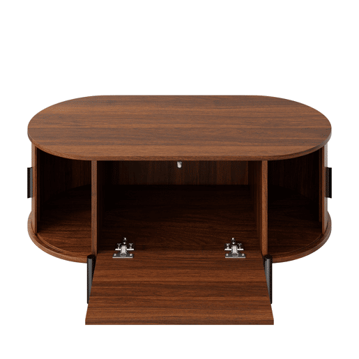 Mesa de centro oval 100 x 50 cm - portas de correr, acabamento com efeito de madeira, detalhes em rattan, pés metálicos, multifuncional com espaço de arrumação - nogueira