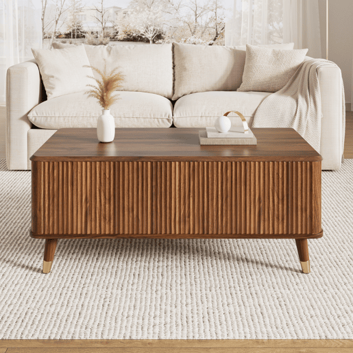 Mesa de centro elevável - estilo retro moderno, tampo elevável, estrutura ondulada, grande capacidade de arrumação, pés em madeira, multifuncional - Nogueira