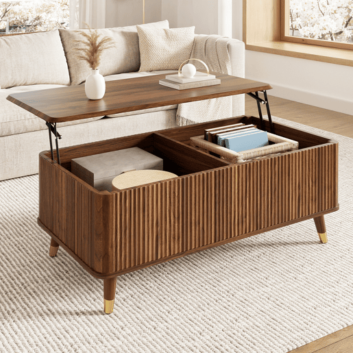 Mesa de centro elevável - estilo retro moderno, tampo elevável, estrutura ondulada, grande capacidade de arrumação, pés em madeira, multifuncional - Nogueira