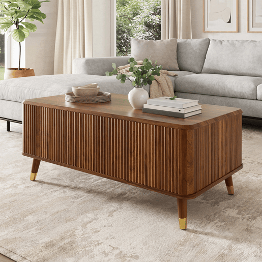 Mesa de centro elevável - estilo retro moderno, tampo elevável, estrutura ondulada, grande capacidade de arrumação, pés em madeira, multifuncional - Nogueira