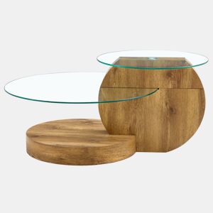 Mesa de centro de vidro temperado - design minimalista e camadas - MDF com textura de madeira - Transparente+Madeira