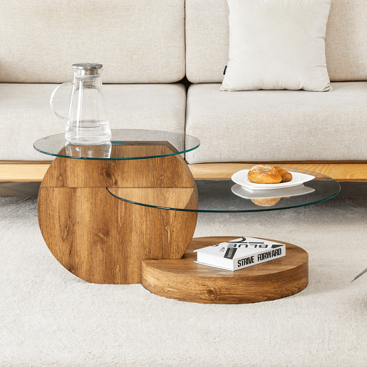 Mesa de centro de vidro temperado - design minimalista e camadas - MDF com textura de madeira - Transparente+Madeira Mesa de centro de vidro temperado - design minimalista e camadas - MDF com textura de madeira - Transparente+Madeira