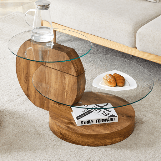 Mesa de centro de vidro temperado - design minimalista e camadas - MDF com textura de madeira - Transparente+Madeira Mesa de centro de vidro temperado - design minimalista e camadas - MDF com textura de madeira - Transparente+Madeira