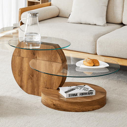 Mesa de centro de vidro temperado - design minimalista e camadas - MDF com textura de madeira - Transparente+Madeira Mesa de centro de vidro temperado - design minimalista e camadas - MDF com textura de madeira - Transparente+Madeira