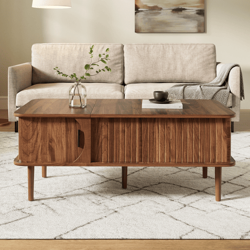 Mesa de centro com altura ajustável - estilo retro moderno, tampo com altura regulável, porta de correr, acabamento em efeito nogueira, ranhuras verticais, pés de madeira, multifuncional - Nogueira