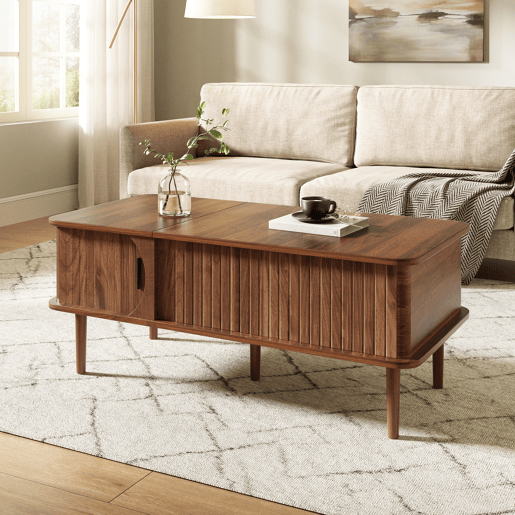 Mesa de centro com altura ajustável - estilo retro moderno, tampo com altura regulável, porta de correr, acabamento em efeito nogueira, ranhuras verticais, pés de madeira, multifuncional - Nogueira