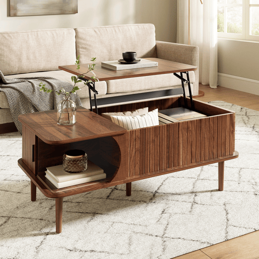 Mesa de centro com altura ajustável - estilo retro moderno, tampo com altura regulável, porta de correr, acabamento em efeito nogueira, ranhuras verticais, pés de madeira, multifuncional - Nogueira