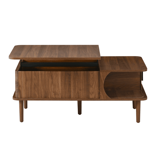 Mesa de centro com altura ajustável - estilo retro moderno, tampo com altura regulável, porta de correr, acabamento em efeito nogueira, ranhuras verticais, pés de madeira, multifuncional - Nogueira