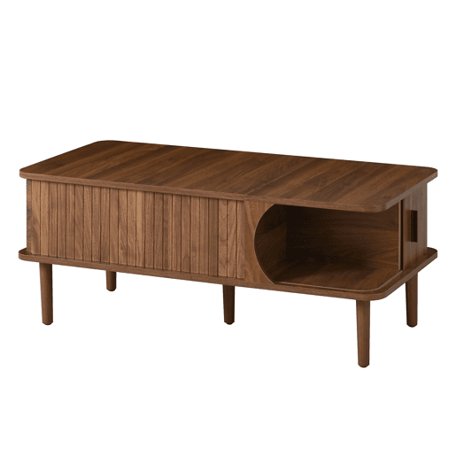 Mesa de centro com altura ajustável - estilo retro moderno, tampo com altura regulável, porta de correr, acabamento em efeito nogueira, ranhuras verticais, pés de madeira, multifuncional - Nogueira