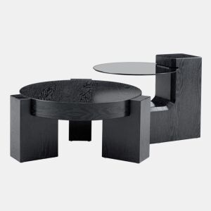 Conjunto de mesas de centro separáveis - tampo em vidro cinzento transparente, estrutura em MDF com efeito de madeira preta, design modular flexível - preto