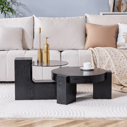 Conjunto de mesas de centro separáveis - tampo em vidro cinzento transparente, estrutura em MDF com efeito de madeira preta, design modular flexĂvel - preto Conjunto de mesas de centro separáveis - tampo em vidro cinzento transparente, estrutura em MDF com efeito de madeira preta, design modular flexĂvel - preto
