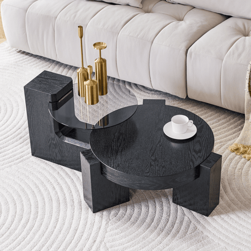 Conjunto de mesas de centro separáveis - tampo em vidro cinzento transparente, estrutura em MDF com efeito de madeira preta, design modular flexĂvel - preto Conjunto de mesas de centro separáveis - tampo em vidro cinzento transparente, estrutura em MDF com efeito de madeira preta, design modular flexĂvel - preto