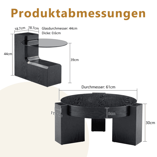 Conjunto de mesas de centro separáveis - tampo em vidro cinzento transparente, estrutura em MDF com efeito de madeira preta, design modular flexĂvel - preto Conjunto de mesas de centro separáveis - tampo em vidro cinzento transparente, estrutura em MDF com efeito de madeira preta, design modular flexĂvel - preto