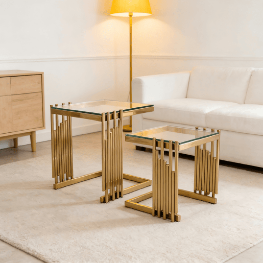 Mesa auxiliar de 41 cm - Quadrada, vidro temperado transparente, estrutura em aço inoxidável dourado - Cor dourada e transparente Mesa auxiliar de 41 cm - Quadrada, vidro temperado transparente, estrutura em aço inoxidável dourado - Cor dourada e transparente