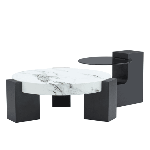Mesa auxiliar redonda - 2 níveis, vidro cinzento e MDF preto, tampo com efeito mármore - Branco+Preto Mesa auxiliar redonda - 2 níveis, vidro cinzento e MDF preto, tampo com efeito mármore - Branco+Preto