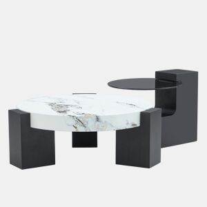 Mesa auxiliar redonda - 2 níveis, vidro cinzento e MDF preto, tampo com efeito mármore - Branco+Preto