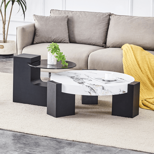 Mesa auxiliar redonda - 2 níveis, vidro cinzento e MDF preto, tampo com efeito mármore - Branco+Preto Mesa auxiliar redonda - 2 níveis, vidro cinzento e MDF preto, tampo com efeito mármore - Branco+Preto