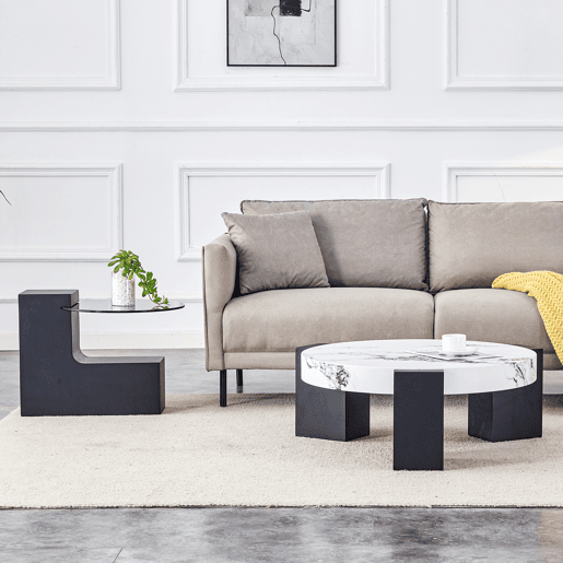 Mesa auxiliar redonda - 2 níveis, vidro cinzento e MDF preto, tampo com efeito mármore - Branco+Preto Mesa auxiliar redonda - 2 níveis, vidro cinzento e MDF preto, tampo com efeito mármore - Branco+Preto