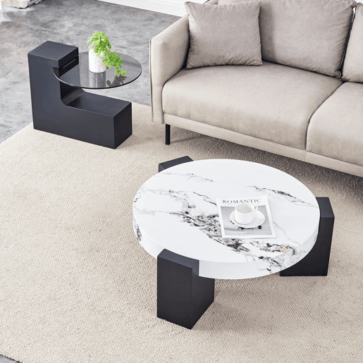Mesa auxiliar redonda - 2 níveis, vidro cinzento e MDF preto, tampo com efeito mármore - Branco+Preto Mesa auxiliar redonda - 2 níveis, vidro cinzento e MDF preto, tampo com efeito mármore - Branco+Preto