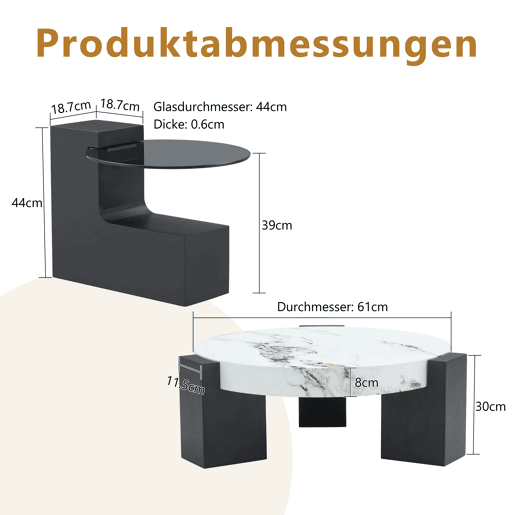 Mesa auxiliar redonda - 2 níveis, vidro cinzento e MDF preto, tampo com efeito mármore - Branco+Preto Mesa auxiliar redonda - 2 níveis, vidro cinzento e MDF preto, tampo com efeito mármore - Branco+Preto
