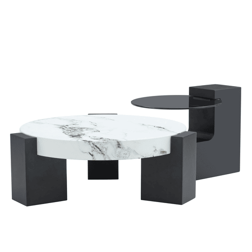 Mesa auxiliar redonda - 2 níveis, vidro cinzento e MDF preto, tampo com efeito mármore - Branco+Preto Mesa auxiliar redonda - 2 níveis, vidro cinzento e MDF preto, tampo com efeito mármore - Branco+Preto