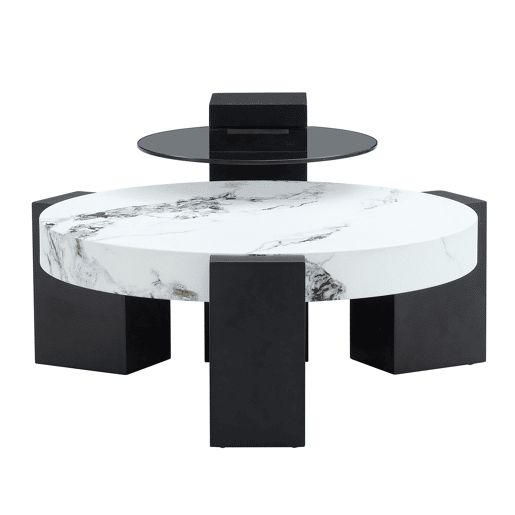 Mesa auxiliar redonda - 2 níveis, vidro cinzento e MDF preto, tampo com efeito mármore - Branco+Preto Mesa auxiliar redonda - 2 níveis, vidro cinzento e MDF preto, tampo com efeito mármore - Branco+Preto