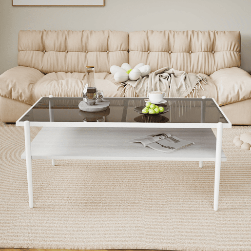 Mesa de centro 97,5 x 61,5 cm - vidro temperado, pés de metal, estilo moderno - Cinza + Branco Mesa de centro 97,5 x 61,5 cm - vidro temperado, pés de metal, estilo moderno - Cinza + Branco