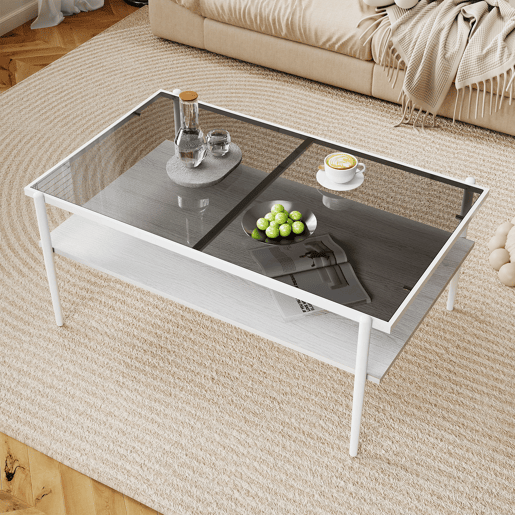 Mesa de centro 97,5 x 61,5 cm - vidro temperado, pés de metal, estilo moderno - Cinza + Branco Mesa de centro 97,5 x 61,5 cm - vidro temperado, pés de metal, estilo moderno - Cinza + Branco