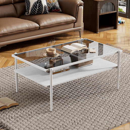 Mesa de centro 97,5 x 61,5 cm - vidro temperado, pés de metal, estilo moderno - Cinza + Branco Mesa de centro 97,5 x 61,5 cm - vidro temperado, pés de metal, estilo moderno - Cinza + Branco