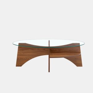 Mesa de café ovalada - 104,9 x 60 cm - Estrutura em madeira de nogueira com prateleiras dispostas diagonalmente e nível de armazenamento integrado - Cor transparente, nogueira