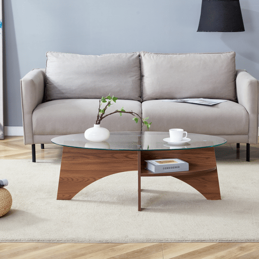 Mesa de café ovalada - 104,9 x 60 cm - Estrutura em madeira de nogueira com prateleiras dispostas diagonalmente e nível de armazenamento integrado - Cor transparente, nogueira