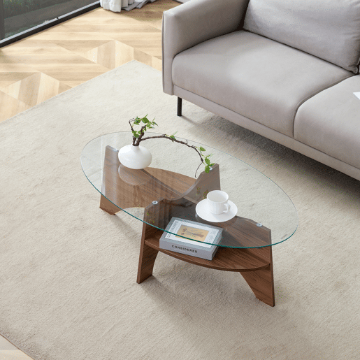Mesa de café ovalada - 104,9 x 60 cm - Estrutura em madeira de nogueira com prateleiras dispostas diagonalmente e nível de armazenamento integrado - Cor transparente, nogueira