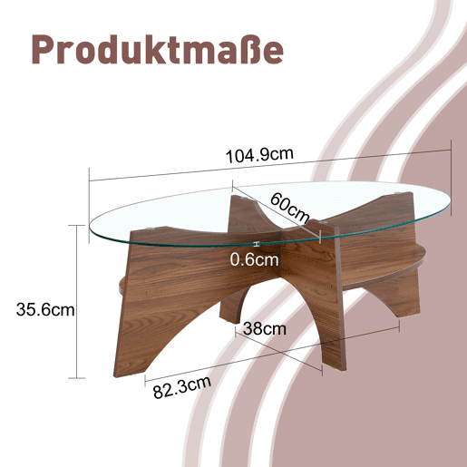 Mesa de café ovalada - 104,9 x 60 cm - Estrutura em madeira de nogueira com prateleiras dispostas diagonalmente e nível de armazenamento integrado - Cor transparente, nogueira