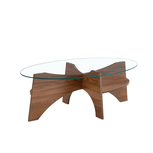 Mesa de café ovalada - 104,9 x 60 cm - Estrutura em madeira de nogueira com prateleiras dispostas diagonalmente e nível de armazenamento integrado - Cor transparente, nogueira