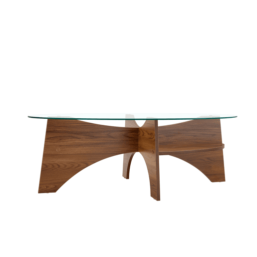Mesa de café ovalada - 104,9 x 60 cm - Estrutura em madeira de nogueira com prateleiras dispostas diagonalmente e nível de armazenamento integrado - Cor transparente, nogueira